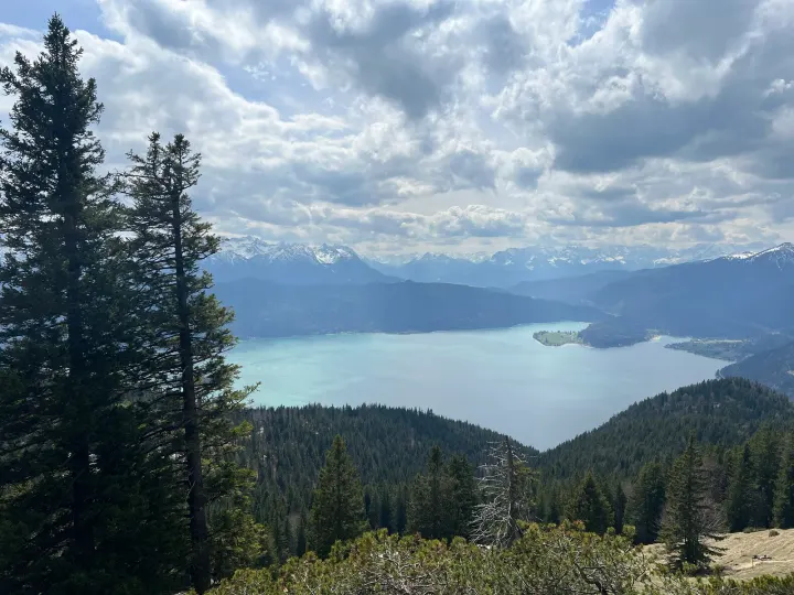 Logenblick auf den türkisblauen Walchensee