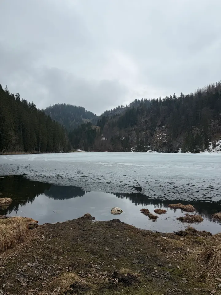 Teilweise vereister Taubensee mit Schneeresten